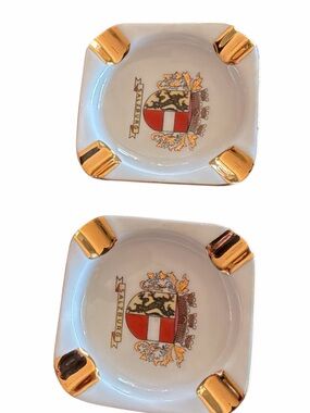 Mid-Century Salzburg Crest Porcelain Set of Two Ashtrays with Gold Tone Accents